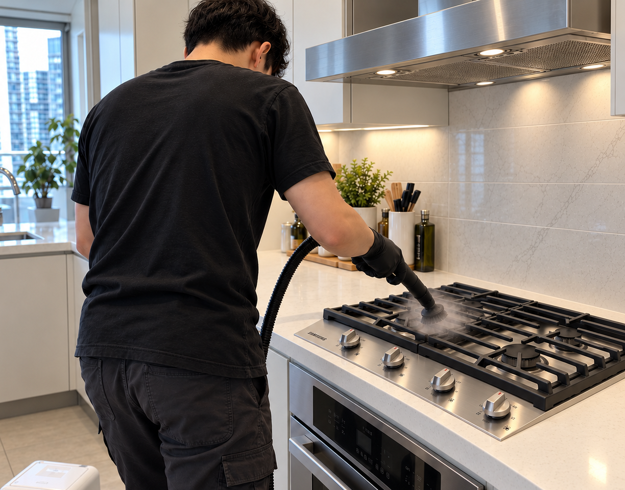 Cleaner using a steam brush on a kitchen stovetop