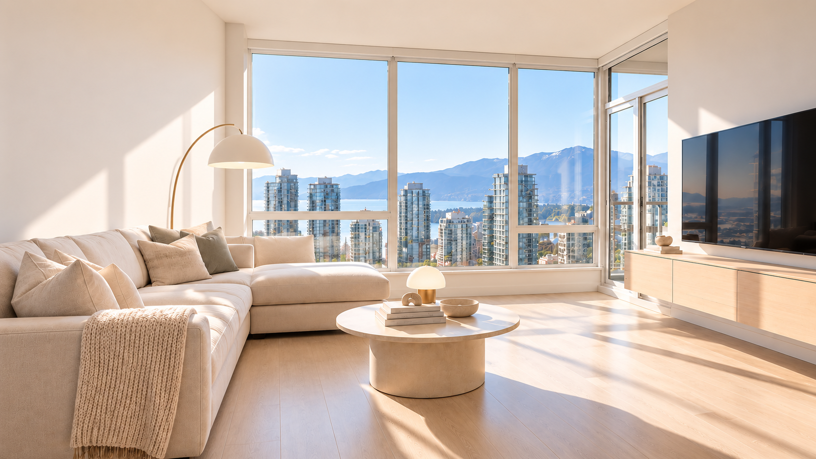 Sunlit Metro Vancouver condo living room with cream seating and uncluttered surfaces