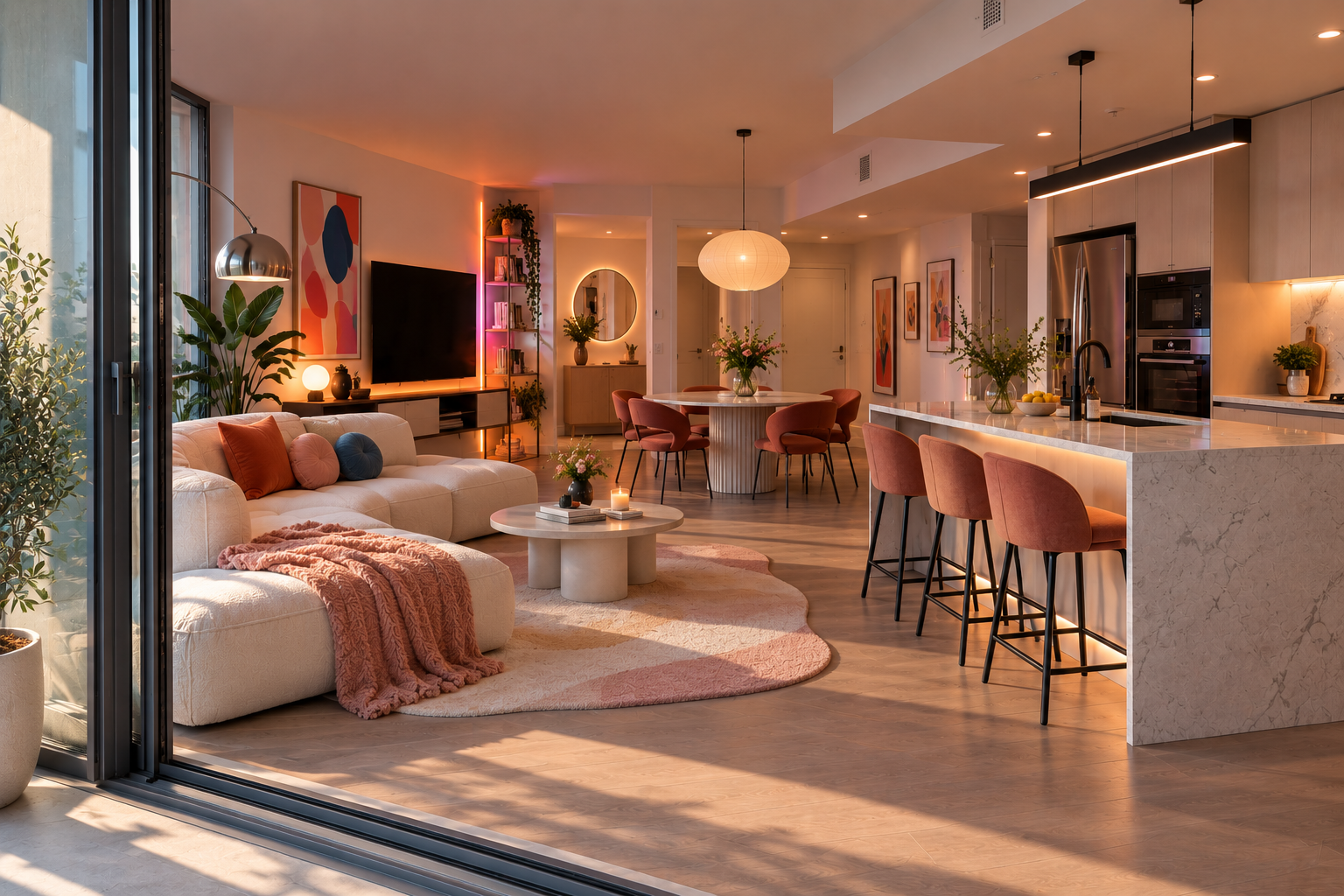Freshly reset living and entertaining space after a party