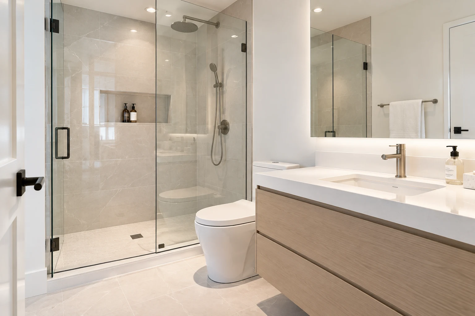 Freshly deep-cleaned modern bathroom